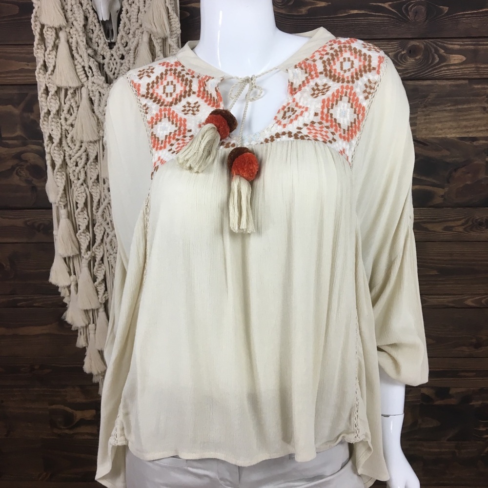 Pull&Bear | Oversized Boho Pom Pom Tassel Tie Blouse